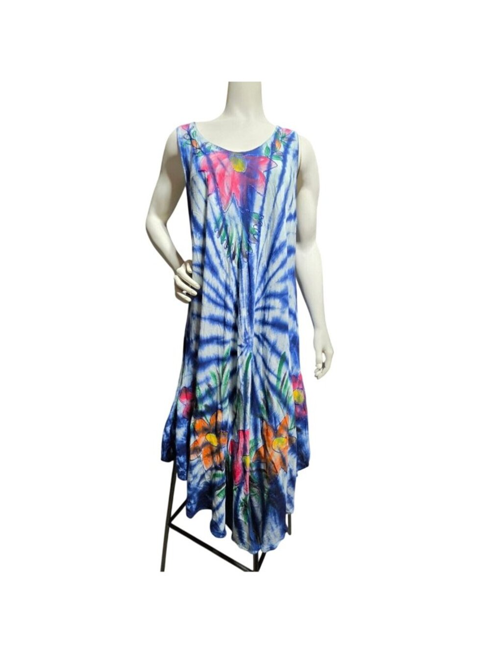 Riviera Sun Tie Dye Umbrella Dress XL Hand Painted Floral Hawaiian Boho Resort
